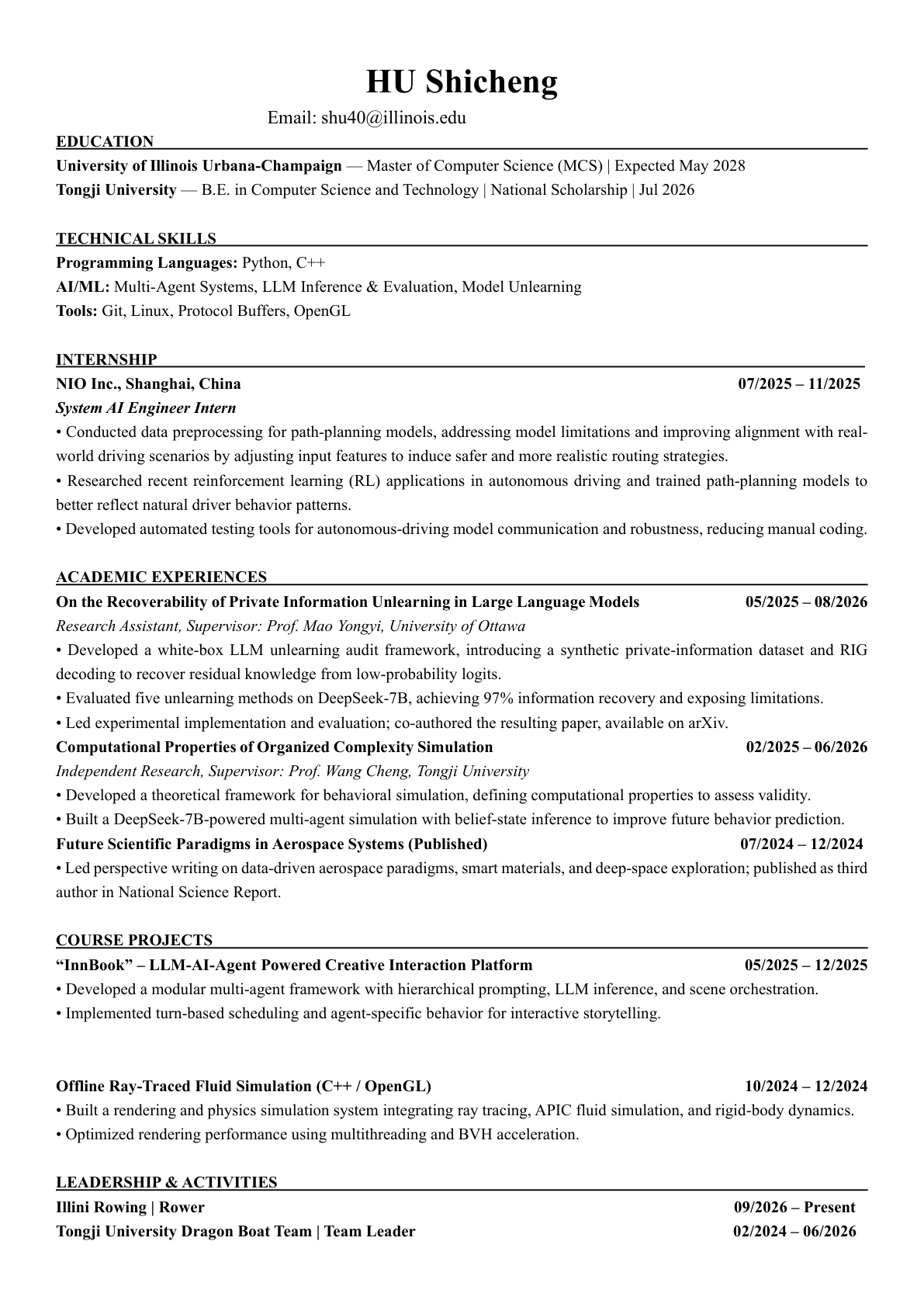 CV — Shicheng Hu, page 1. Open the PDF to read or select the document text.