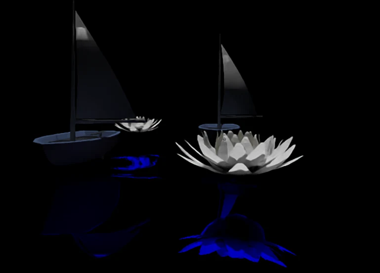 Sailboats and a water lily lit against a dark background